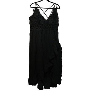 SHEIN Plus Black Lace Crochet Criss Cross Ruffle Hem Midi Dress 1XL